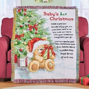 Festive Baby's First Christmas Blanket with Bear and Tree